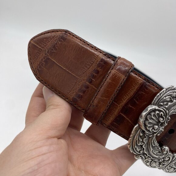 VTG Brighton Belt L/34 Ornate Silver Buckle Brown Leather Croc Embossed B10585 main image 7
